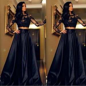 Two Pieces Charming Evening Dresses Black Lace Jewel Neck Long Sleeves Illusion Prom Dress Satin Skirt Sexy Girls Party Graduation Wear