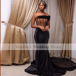 One Shoulder Black African Mermaid Prom Dress 2021 Exposed Boning Evening Party Gown för Women Vestido de Fiesta