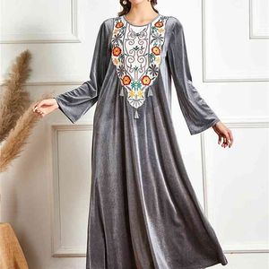 Grijs Velvet Borduren Maxi Dress for Women Fall Plus Size O hals Moslim Arabic Turkije Qtar Kleding 210.517