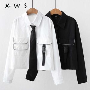 Harajuku Woman Appliques Shirt Korean Turn-Down Collar Long Sleeve Loose Necktie Button Female Blouse School Girl Blous 210604