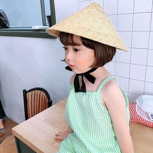 Spring Summer Boy Girl Bamboo Straw Hat Kids Beach Holiday Lace Up Straw Plaited Children Baby Outdoor Sun Block Hat 1-5T 210713