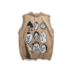 Japanese Harajuku Knitted Graphic Vest for Men and Women Urban Streetwear Knit Ukiyo-e Pullover Sweater Plus Size 210909