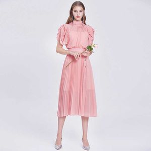 Summer Elegant Slim Chiffon Dress Women Stand Collar Short puff sleeve Pleated party office OL Vestidos 210529