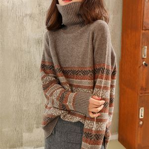 Autunno Inverno Collo Alto Pullover Maglione di Cachemire Jacquard da Donna Casual Retro Folk Oversize Maglia Top Moda 210520