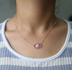 Chains Rose Chain Necklace For Women Long Turkish Eye Pendant Necklaces Trendy Pink Sapphires Stone Jewelry