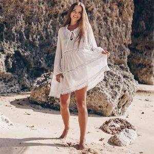 Tuniki do plaży Swimsuit Cover Up Women Swimwear Biały Kaftan Nosić Pareo Dress Sauea de Praia # Q1056 210420