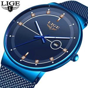 LIGE Blue Fashion Casual Mesh Belt Quartz Watch Mens Watches Top Brand Luxury Waterproof Sprot clock Relogio Masculino 210527