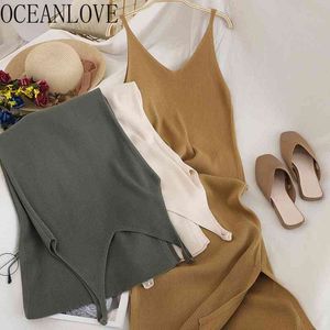 Oceanlove v Neck Solid Knittedドレスカジュアルオールマッチシンプルなファッション韓国の女性ドレスエレガントなベスティドス新しい服15517 210401