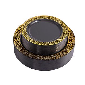 Disposable Dinnerware Premium Plastic Set- Reusable Party Plates Gold And Black Dinner Dessert For