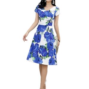 Sommerkleid Damen Blau 12 Farben S-2XL Plus Size Print V-Ausschnitt Slim Schwarz Kurzarm Knielang Feminina LR827 210531