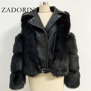 Zadorin Top Fashion Luxury Faux Fur Coat Motorcykel PU Läder Slå ner Krage Varm Faux Jacka Kvinnor Vinter 211110