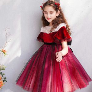 Spanish Vintage Girls Bungundy Xmas Dress for Kids Ruffles Shiny Tutu Princess with Bows Children Formal Ball Gowm 210529