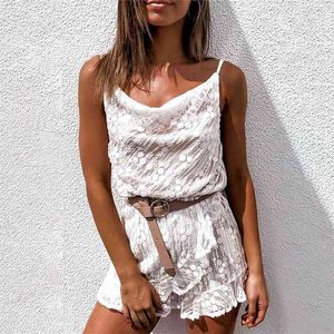 Foridol Weiße Spitze Tüll Strampler Overalls für Frauen Sommer Strand Ärmellose Strap Rüschen Drapped Neck Playsuits Kurzer Overall 210415