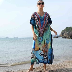 Embroidery Polyester Beach Kaftan Cover up Saida de Praia Swimsuit Bikini cover Tunics for Pareo Sarong wear Q1174 210420