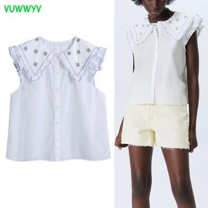 VUWWYV Camicie Donna Bianco Popeline Ruffle Button Up Donna Summer Contrast Ricamo Top senza maniche Donna 210430