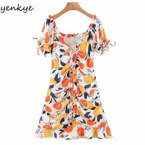 Multicolor Fruit Print Sommarklänning Kvinnor Framdragning Sexig V Neck Kortärmad A-Line Mini Prairie Chic Robe 210430