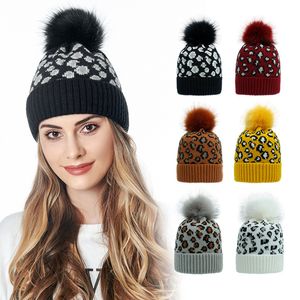 Woman Winter Knitted Beanies 9 Colors Leopard Wool Hat With Pom Casual Skullies Warm Caps ZZA3386