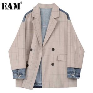 [Eam] kvinnor khaki plaid denim stor storlek blazer lapel långärmad lös passform jacka mode våren höst 1x214 211019