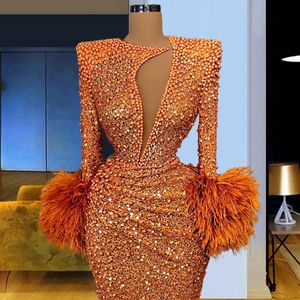 Perlen Feder Meerjungfrau Abendkleider Orange Lange Ärmel Pailletten Abendkleid Nach Maß Formale Party Bodenlangen Stehkragen Vestido de novia