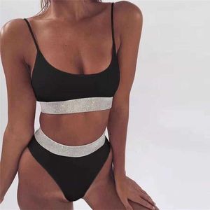 New Silver Rhinestones Bikini Set Sexy Spaghetti Strap Bra Elastic Panty Swimsuit Swimwear Women 2019 Summer Beach Bathing Suit Y0820