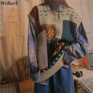 Woherb 여성 하라주쿠 스웨터 조끼 가을 한국 스타일 빈티지 인쇄 V 넥 민소매 풀오버 니트 여성 스웨터 211215