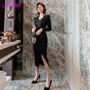 autumn and winter Korean version of women's sexy V-neck split lace stitching velvet dress 210416