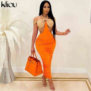 Kliou elegant sexig maxi klänning kvinnor midnatt stil rund knapp oregelbunden bandage slitage ärmlös varm kvinnlig fest clubwear y1204