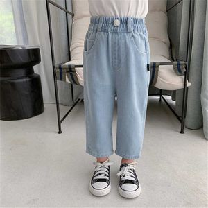 Outono primavera meninas doces cor algodão em linha reta calça jeans moda crianças soltas altas cinturas largas calças de perna 210615