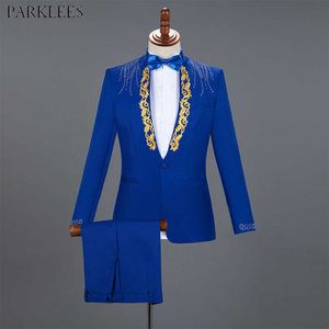 Diamond Royal Blue Men Suit Set Gold Embroidered Wedding Mens Slim Fit Tuxedo Mens Suits with Pants Prom Show Stage Costume Male X0909