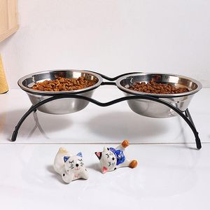 Paslanmaz Köpek Yemekleri toptan satış-Kedi Kaseler Besleyiciler Çift Paslanmaz Çelik Kase Köpek Pet Besleme Standı Su Yemekleri Besleyici Kaynağı ile Yükseltilmiş Gıda