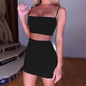 Frauen Zweiteiler Set Sommer Sexy Spaghetti Strap Weste Backless Crop Tops Plissee Wrap Club Party Bodycon Mini Röcke Dame Outfits 210730