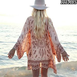 Kvinnor Floral Beach Cover Ups Casual Loose Sjal Vintage Kimono Cardigan Boho Chiffon Blus Kvinna Bikini Wear Baddräkt Sarongs