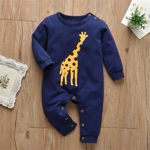 Född Baby Boys Girls Romper Pyjamas Bomull Långärmad Giraffe Print Jumpsuit Spädbarn Kläder Höst Toddler Kläder Outfits 211101