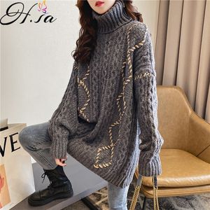 H.SA Women Turtleneck for Knit Jumpers Long Twisted Pullovers Grey Bandage Christmas Sweaters Pull Femme Hiver 210417