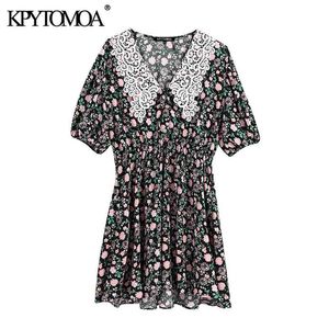 Women Chic Fashion Appliques Floral Print Mini Dress Short Sleeve Elastic Waist Female Dresses Vestidos 210420