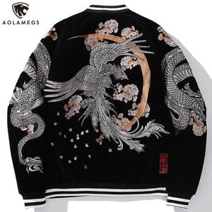 Aolamegs特大刺繍男性ジャケット中国のドラゴンフェニックス動物刺繍ジャケット冬の暖かいコート日本語レトロアウトX0901