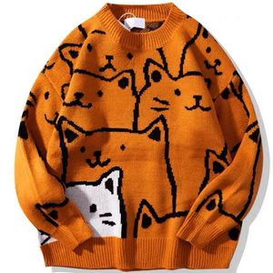 Japanese Harajuku Vintage Sweater Men 2021 Autumn Winter New Cartoon Loose Sticked tröja Hip Hop Streetwear Knitwear Pullover