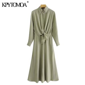 Women Chic Fashion With Knot Pleated Midi Shirt Dress Vintage Long Sleeve Button-up Female Dresses Vestidos Mujer 210416