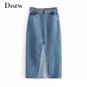 Patchwork Denim Rock Frauen hohe Taille Vintage Long Midis Back Streetwear lässig Cowboy Jupe Femme 210515