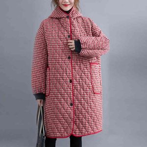 Johnature Women Casual Plaid Hooded Winter Parkas Warm Korean Style Coats Pockets Thicken Female Parkas Coat 210521