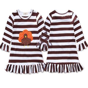 Julkläder Babyflickor Klänning Thanksgiving Turkiet Striped Ruffle Dresses Casual Loose Höstkläder M3823