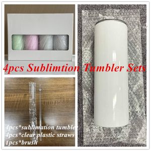 4pcs Sublimation STRAIGHT Tumbler Sets 20oz Sublimation skinny tumbler with straw Brush Straight Cups Stainless Steel Beer Coffee Mugs with Box