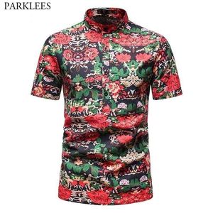 Verão Hawaiian Camisa Homens Algodão Casual Praia Floral Praia Camisas Mens Plus Size Tropical Aloha Camisetas Férias roupas de férias 210522