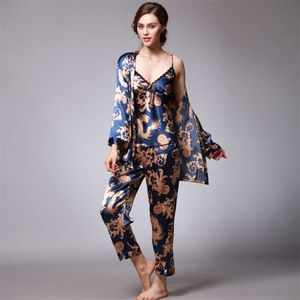 Women's Pajama Set Sleepwear Suit Underwear 3 Pieces Loungewear Floral Printing Pyjamas for Ladies Autumn home clothes Homewear 210928