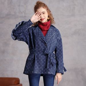 Johnature Women Denim Cotton Jackets Vintage Button Coats Höst Ruffles Turn-down Collar Kvinna Casual Jackor Coats 210521