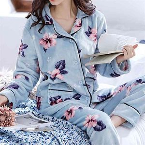 Zity Winter Pyjamas Set Kvinnor Sleevkläder Varm Flannel Långärmad Rosa Söt Djur HomeWear Tjock Hemdräkt 210809