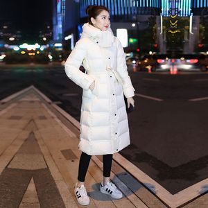 Fashion Winter White Duck Down Jacket Women Casual Slim Sashes Long Hooded Coat Female Office Lady 210520