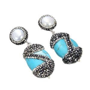 JK White Pearl Blue oval turquoise Stone Marcasite Earrings-Silver Stud