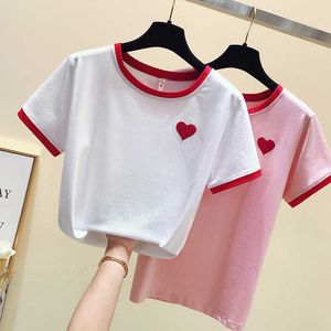 Tee Shirt Femme Pink Womens Tops White T Shirt Women Summer Short Sleeve Woman Clothes Casual Embroidery Tshirt 210604