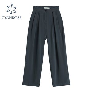 Dark Garnitur Spodnie Szerokie Nogi Biurowe Damskie Spodnie Pracy Kobiet Wysokiej Talii Stylowe Plus Size Casual Retro Koreańskie Proste spodnie 210417